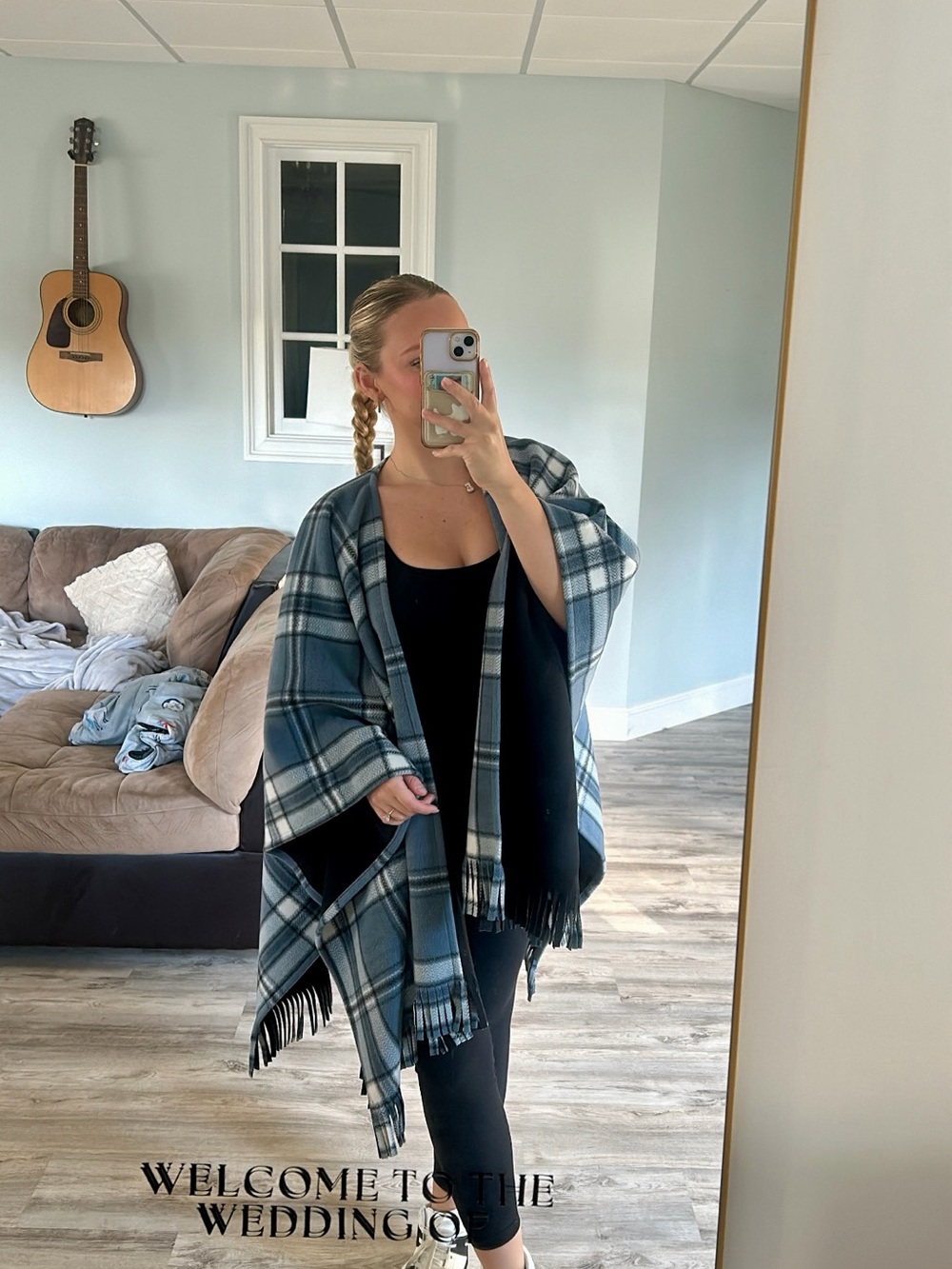 Martha Stewart Blue & Black Plaid Fringe Wrap